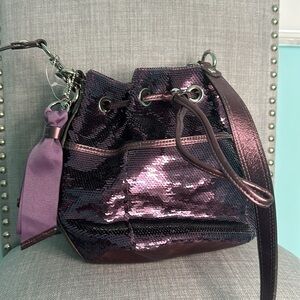RARE Y2K Coach Purple Poppy Sequin Drawstring Cinch Crossbody Shoulder Bag💜🎀💜